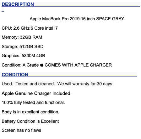 MacBook Pro 2019 16 inch 2.6 GHz i7 32GB RAM 512GB SSD 5300M 4GB | A Grade