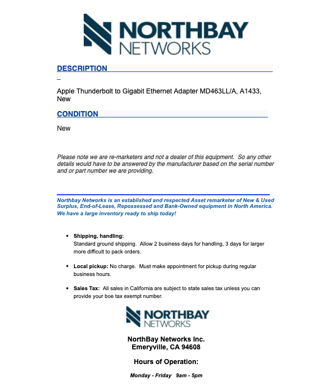 Apple Thunderbolt to Gigabit Ethernet Adapter MD463LL/A, A1433, New