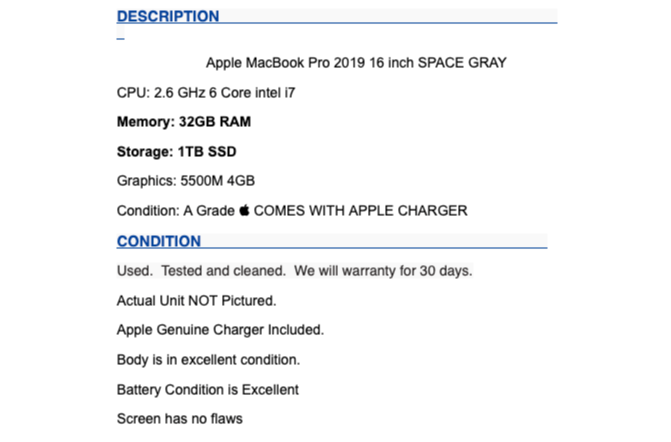 MacBook Pro 2019 16 inch 2.6 GHz i7 32GB RAM 1TB SSD 5500M 4GB | A Grade